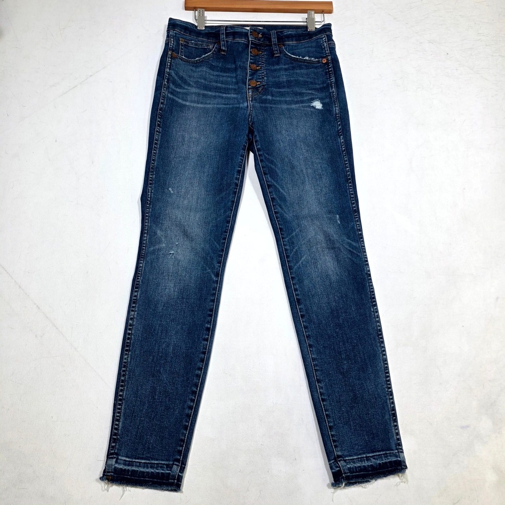 Madewell Skinny Jeans Womens 30 Blue Button Fly Raw Hem Distressed High Rise